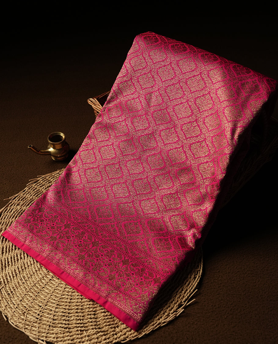 Pink Colour Semi Banarasi Katan Silk Saree with Gold Zari Buti Motifs, Traditional Gold Floral Pallu, Elaborate Woven Border, Decorative Tassels with Matching Blouse