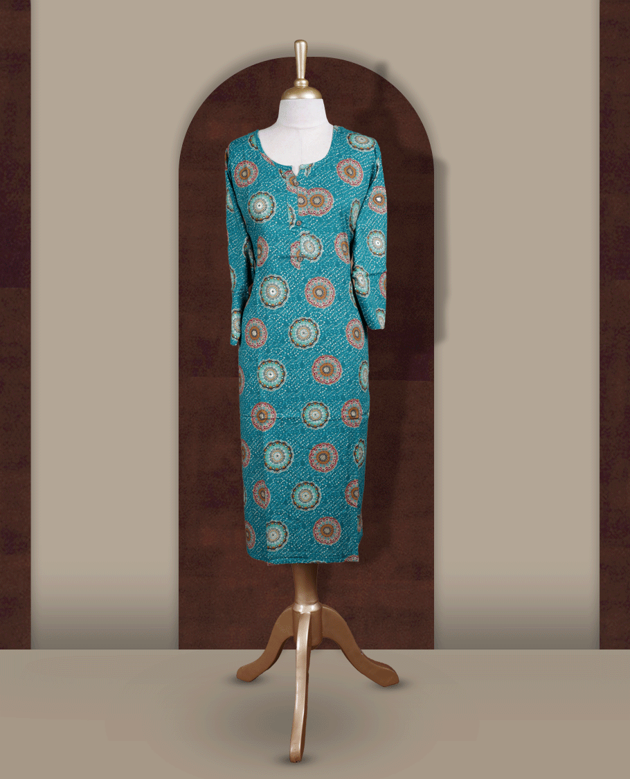 Peacock green colour straight cut kurthi featuring elegant circular ethnic prints, styled with a round V notch neckline and comfortable 3/4th sleeves.