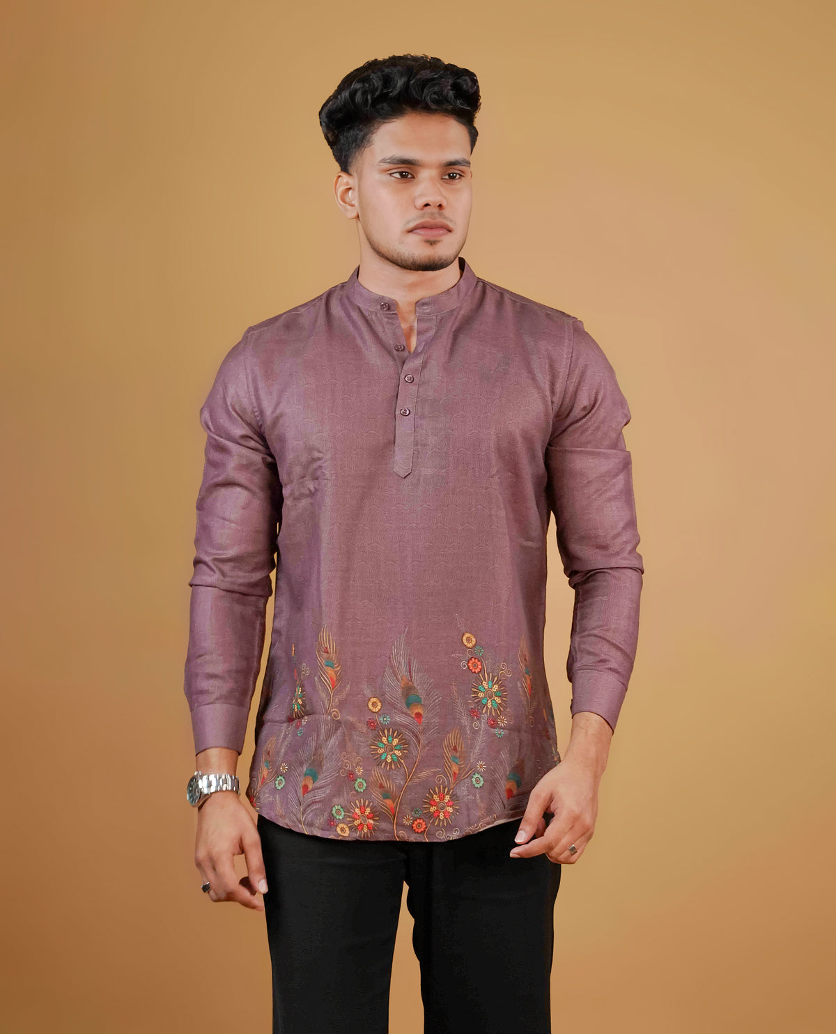 Bronze colour men's kurta featuring elegant Print on the Border, complemented by full sleeves for a refined and festive look.
