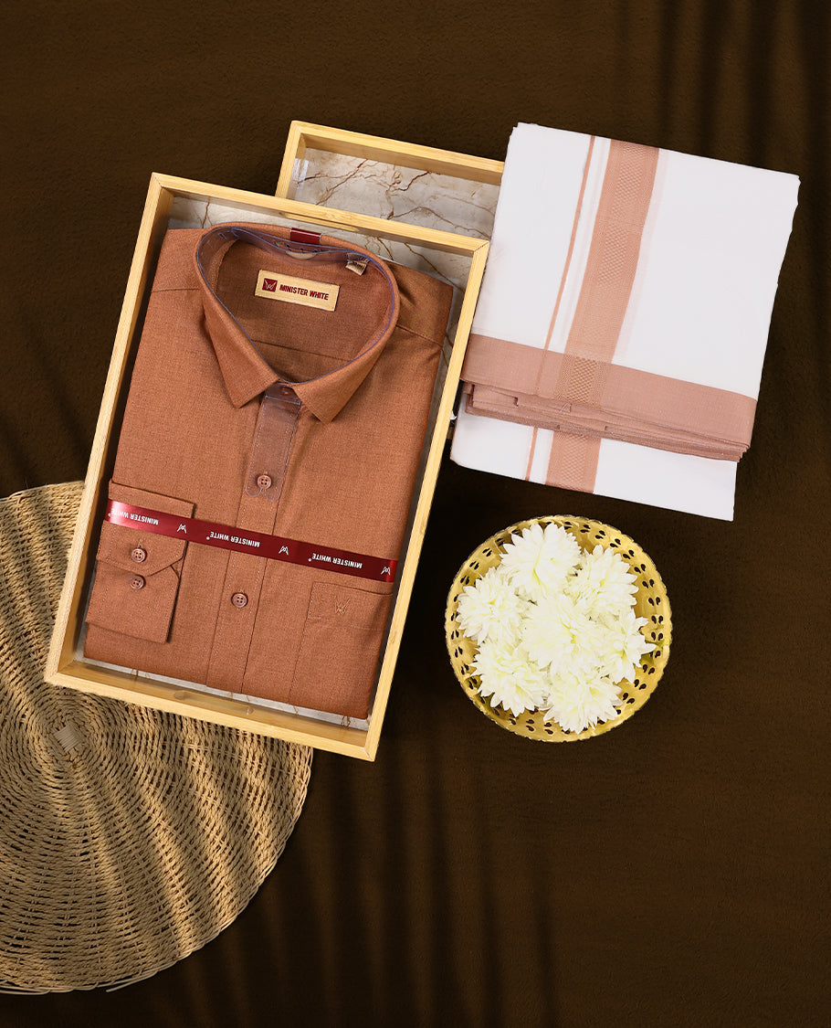 Copper brown full sleeve shirt and white dhoti set featuring a coordinated copper brown zari border designed for a stylish and traditional look ideal for festive and cultural occasions