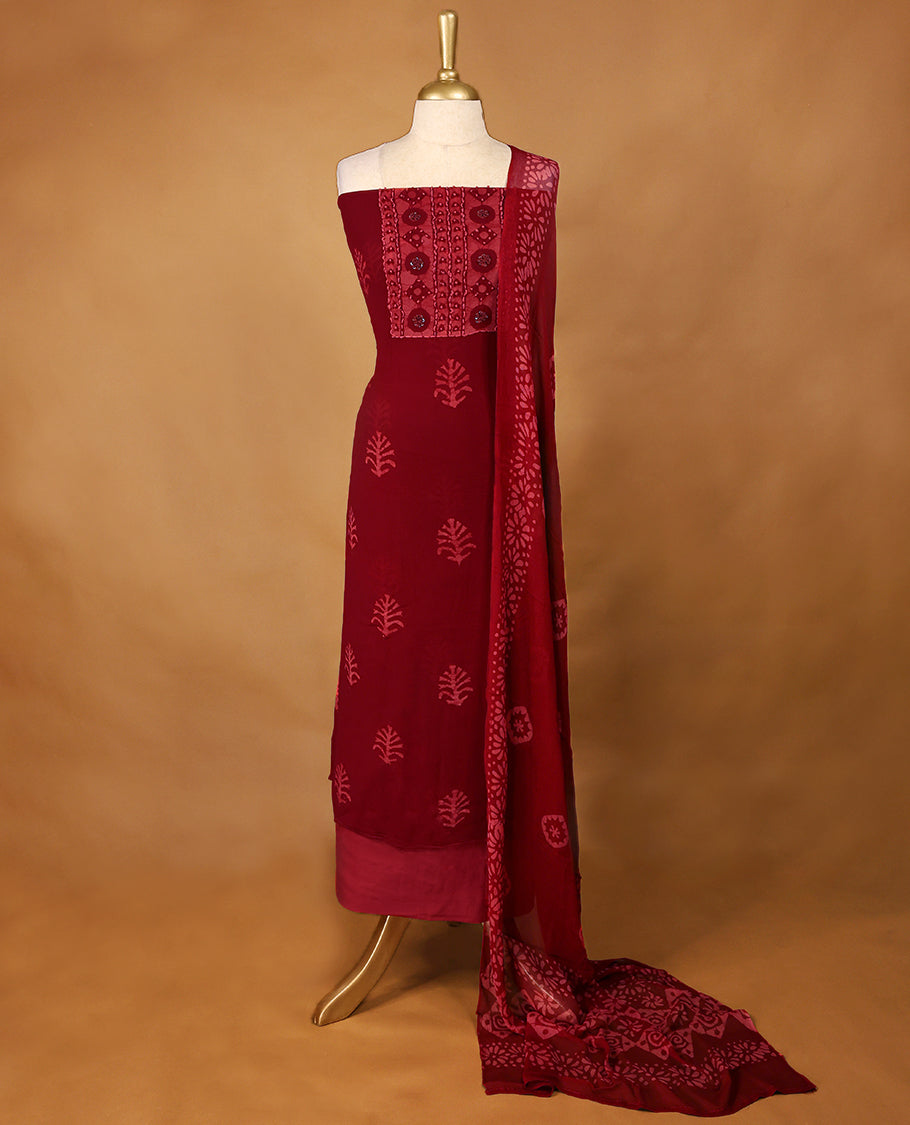 Dark Red Colour Georgette Top having Thread Work with Bottom and Printed Georgette Dupatta
