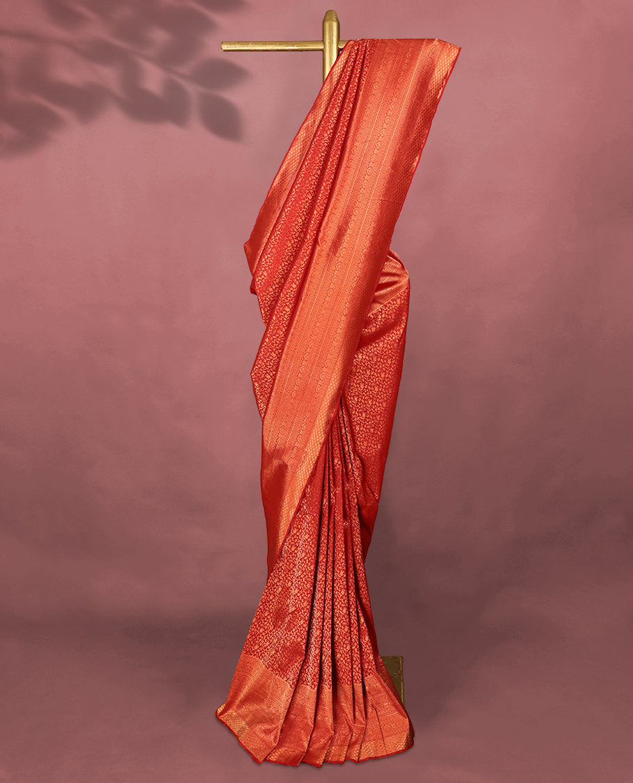 Red Kancheepuram Silk Brocade Saree having Floral Jaal Worked Body with Self Coloured Brocade Border and Blouse