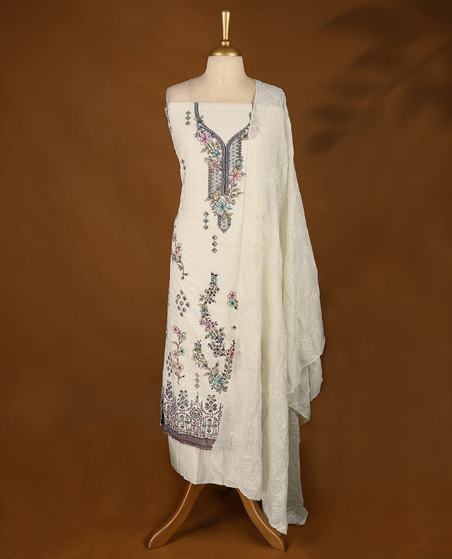 Off White Colour, Thread Worked Top having Multi Colour Prints with Bottom and Thread Worked Dupatta
