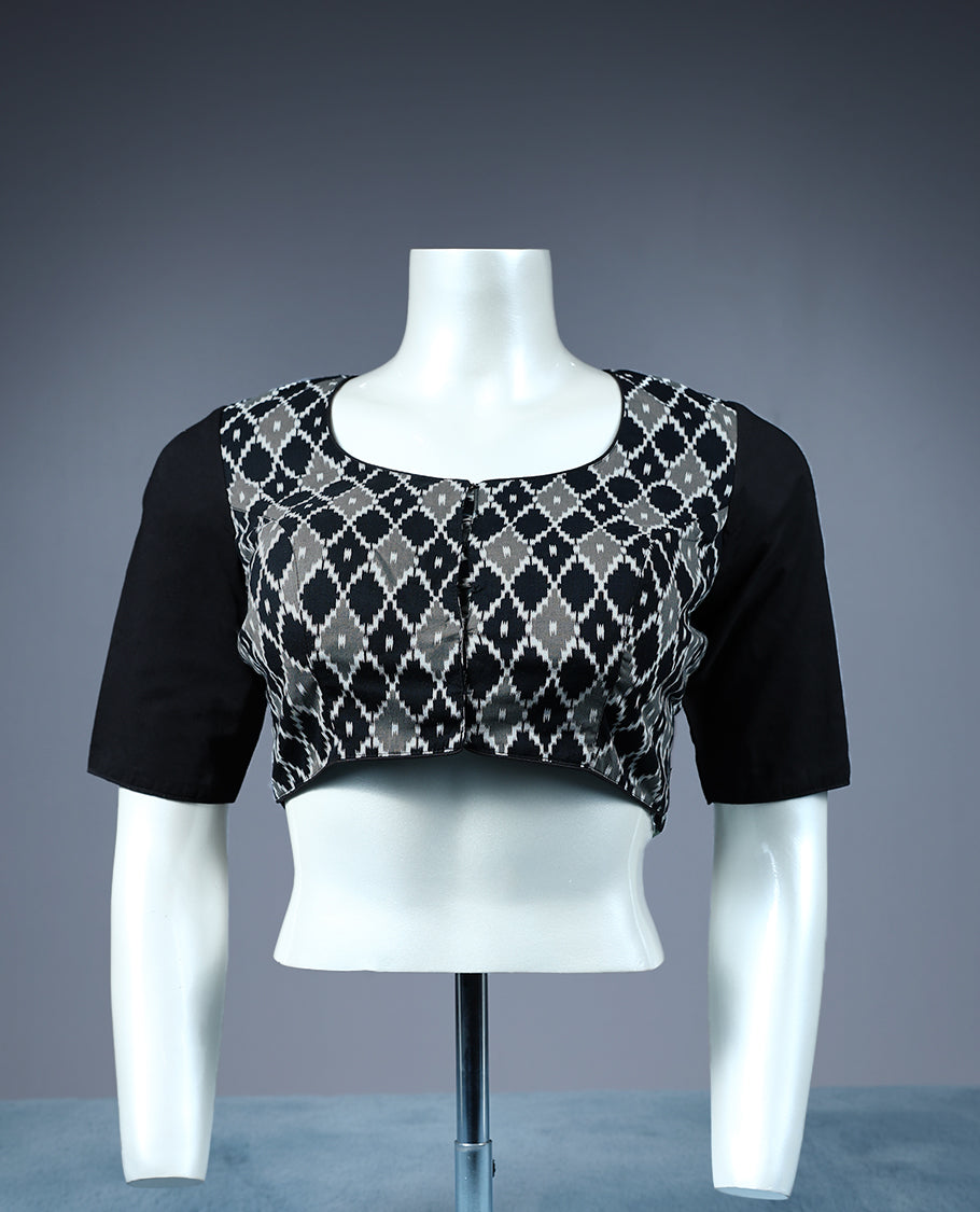Black and grey colour Pochampally design Round neck 2/4th sleeve padded readymade blouse.