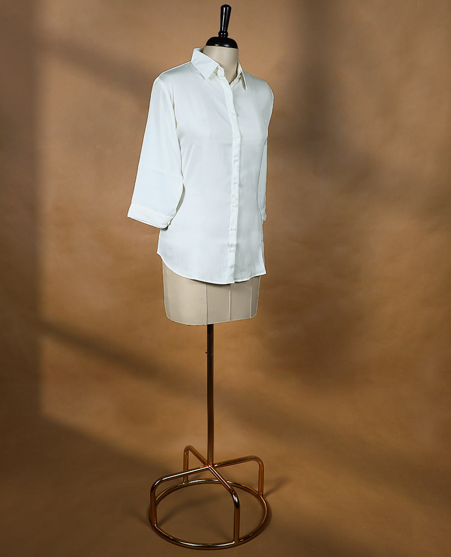 White Colour Satin Readymade Tunic Shirt For Women with 3/4th Sleeves