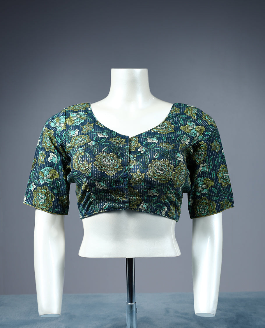 Dark Blue Colour Flower Print Curved V Neck Design 2/4th Sleeves Padded Ready Made Blouse.