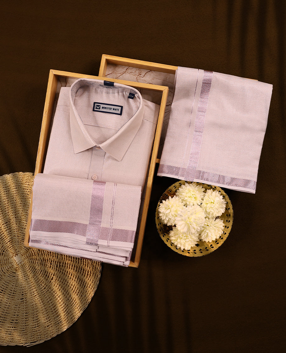 Light Rose tissue wedding shirt and dhoti set from MINISTER WHITE, adorned with a matching Rose zari border.