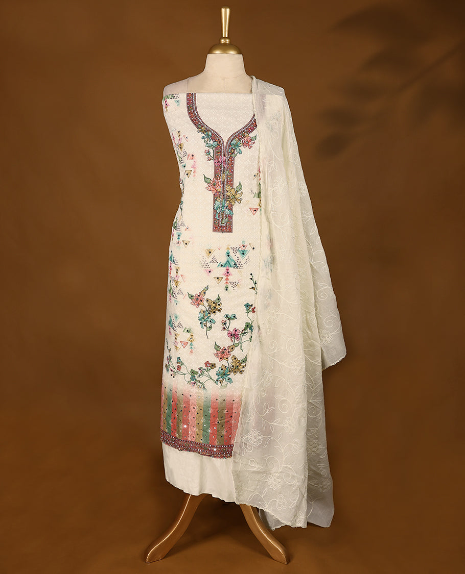Off-white threadwork top with multi-colour prints and red border, paired with a bottom and an embroidered dupatta.