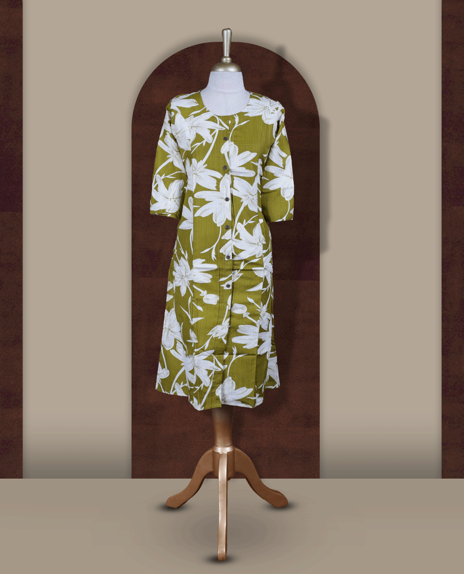 Olive green colour kurthi adorned with bold off white floral prints, featuring a classic round neckline with front buttons and comfy 3/4th sleeves.