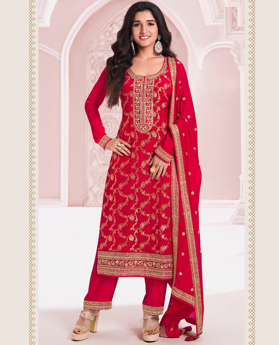 Red Chinon jacquard top, paired with an embroidered Santoon bottom and matching embroidered Chinon dupatta