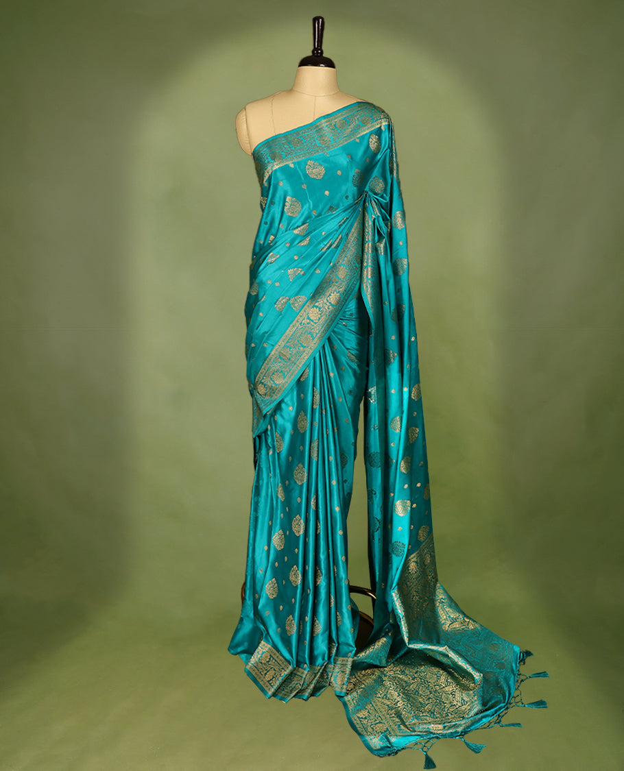 Light Blue Colour Semi Banarasi Saree having Golden Buttas in Body with Worked Border and Blouse