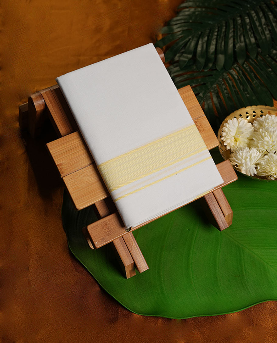 White Colour Pure Cotton single Dhoti with light Yellow Colour simple Border for Men