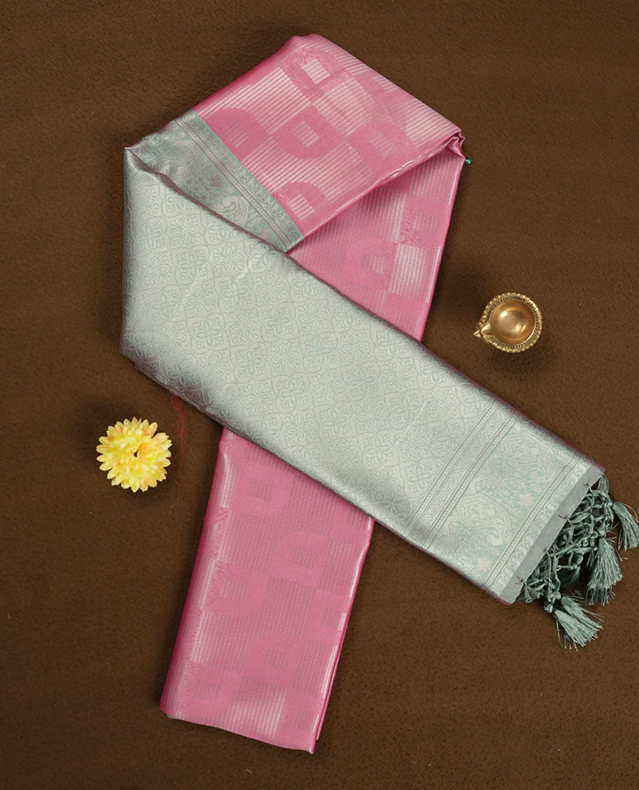 Baby Pink colour Semi Silk Saree with Self-Checked Geometric Patterns, Contrasting Silver Zari Woven Pallu and Border with Intricate Motifs and Tassels, Paired with Coordinated Blouse Piece