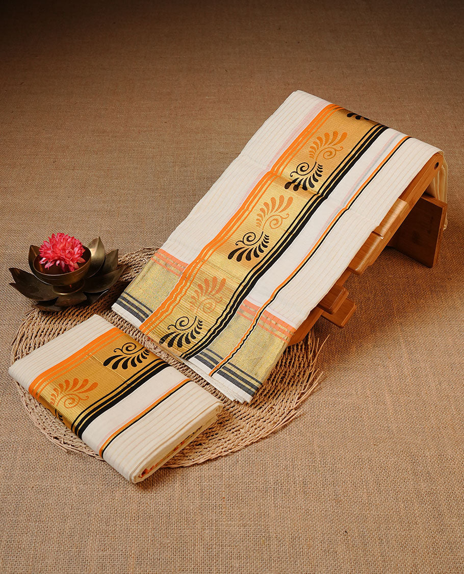 Off white colour Cotton Set Mund featuring a stripes on body, enhanced by a Black & Orange colour with zari border.
