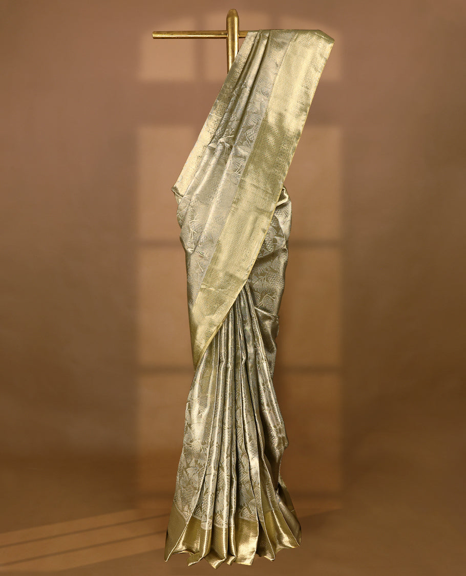 Pastel Gold Colour Kancheepuram Tissue Silk Saree having Zari Worked Body with Self Coloured Brocade Border and Blouse