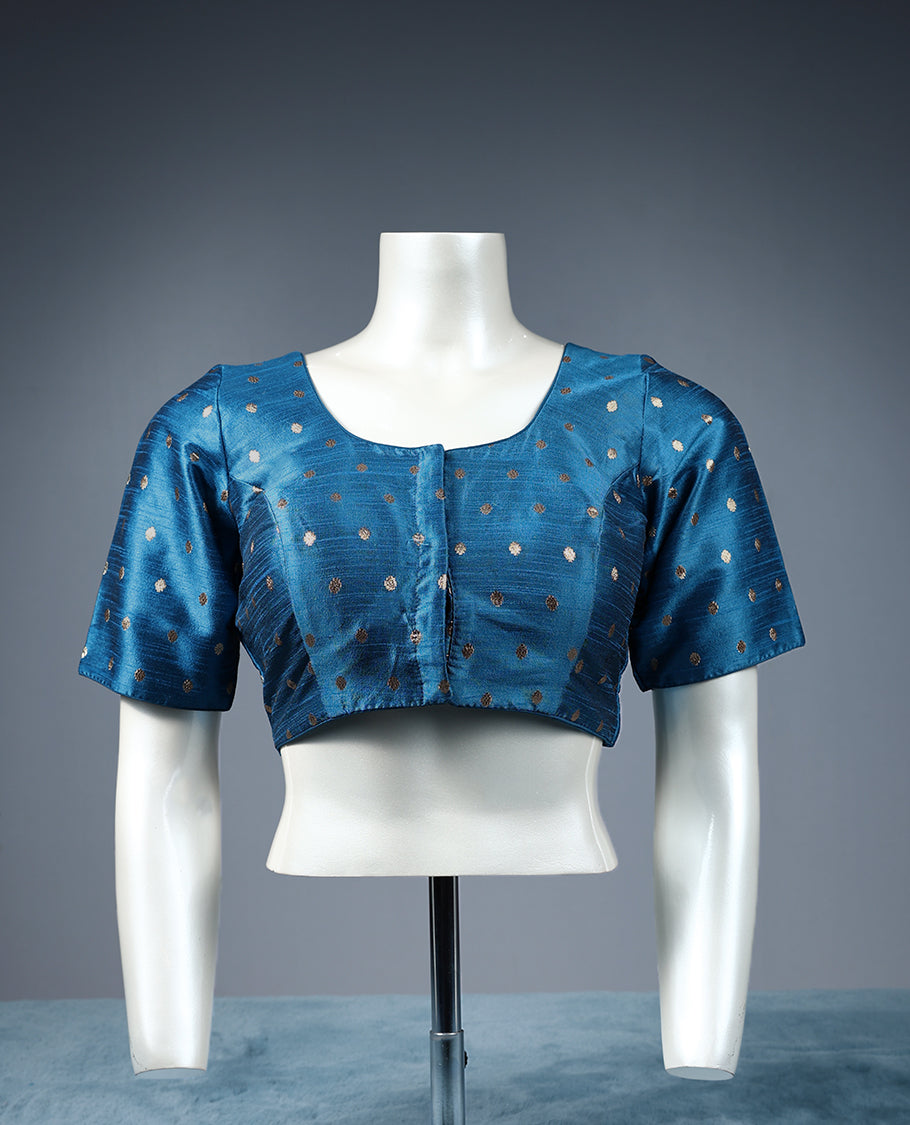 Blue Colour Golden Round Motifs, Round Neck, 2/4th Sleeves, Padded, Ready Made Blouse.
