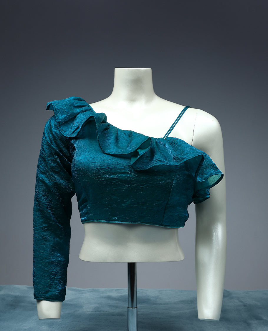Peacock Blue Colour, Single Sleeve Frill Design, Padded, Ready Made Blouse.
