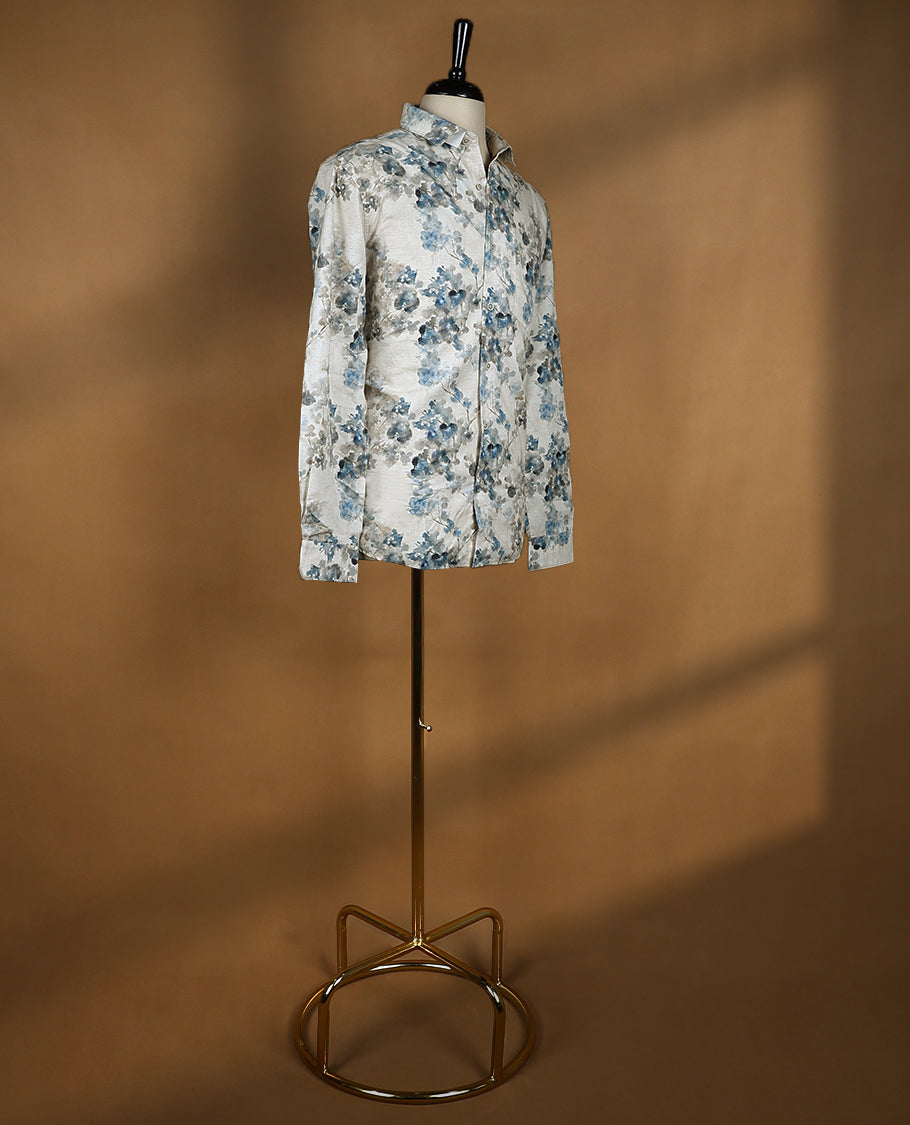 Beige with Blue Colour Floral Printed OCTANE Full Sleeve Slim Fit Shirt for Men