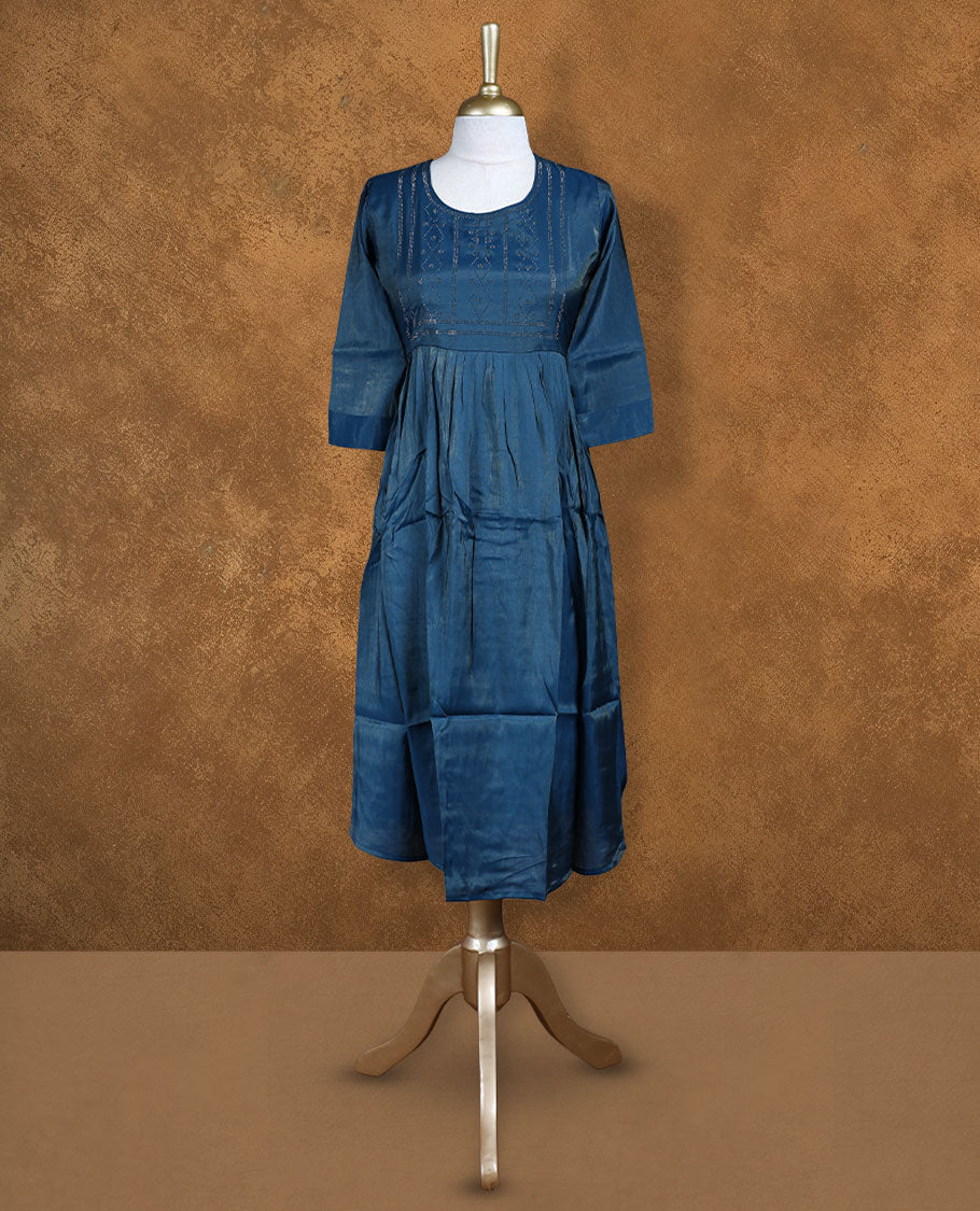 Teal blue colour kurti highlighted with delicate cutwork motifs on the yoke, styled with a scoop neckline and comfy 3/4th sleeves.