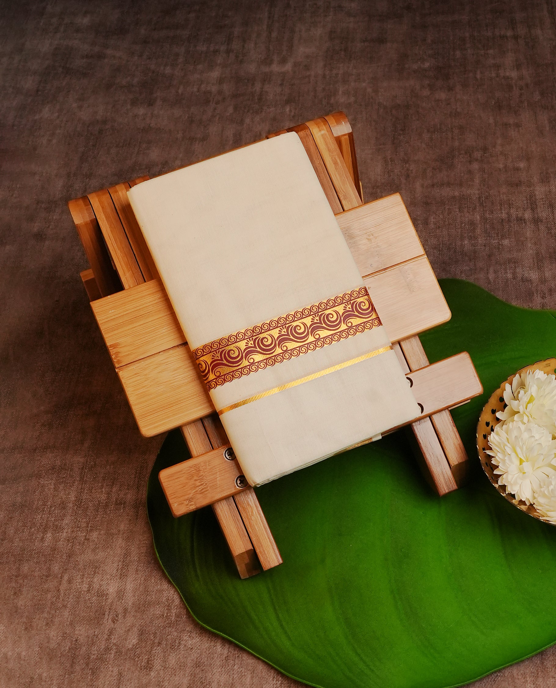 Cream Colour Cotton Double Dhoti Finished With A Classic Golden Zari Kara with Maroon colour digital print