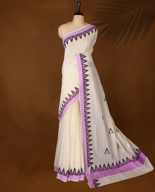 Elegant off white colour cotton Kerala saree featuring Plain body, Lavender colour border with  temple designs, Paired with matching blouse offering a classic and graceful look, paired with a matching blouse.