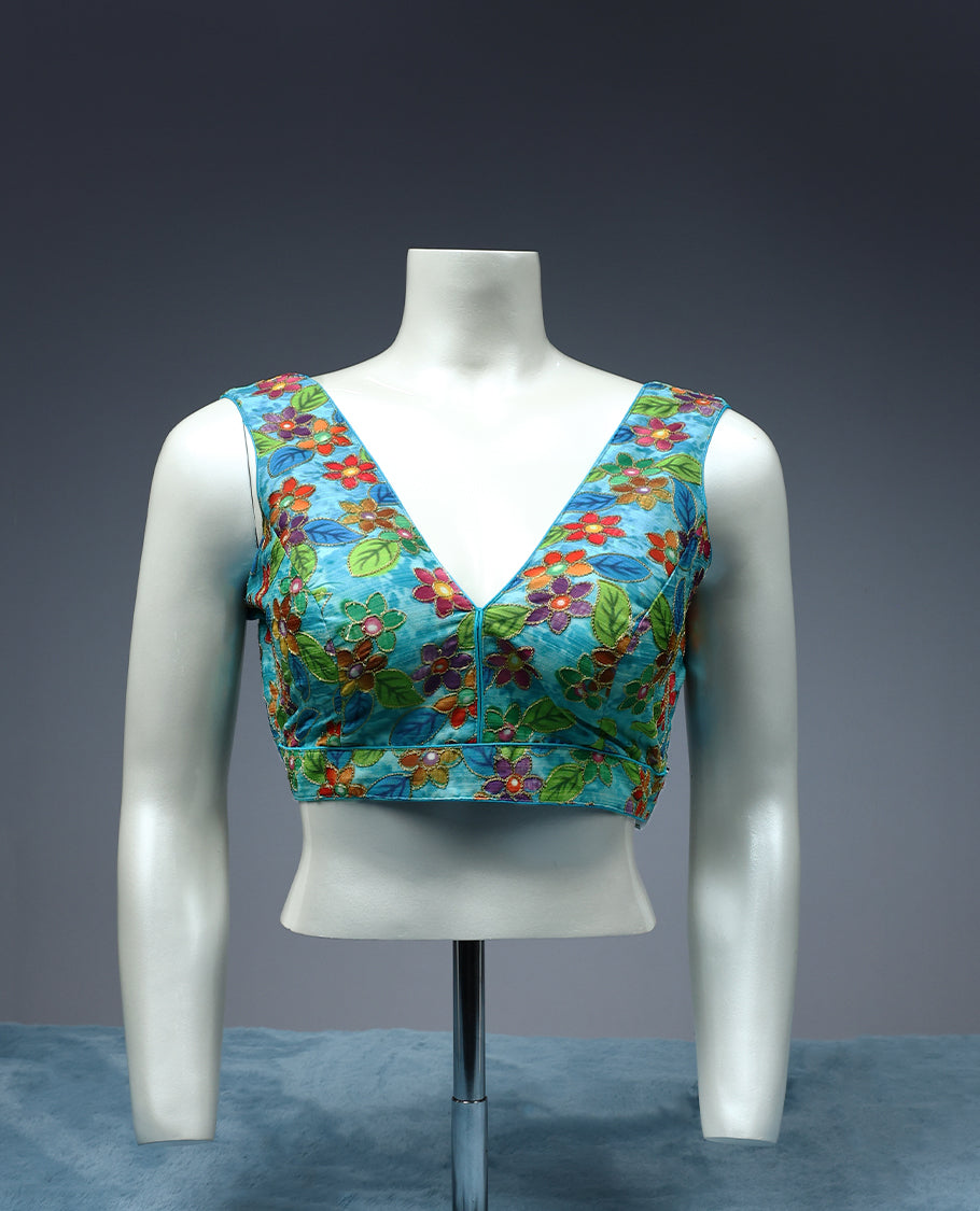 Light Blue Colour, Contrast Colour Floral Thread Work, V neck, Attachable Sleeves, Padded, Ready Made Blouse.