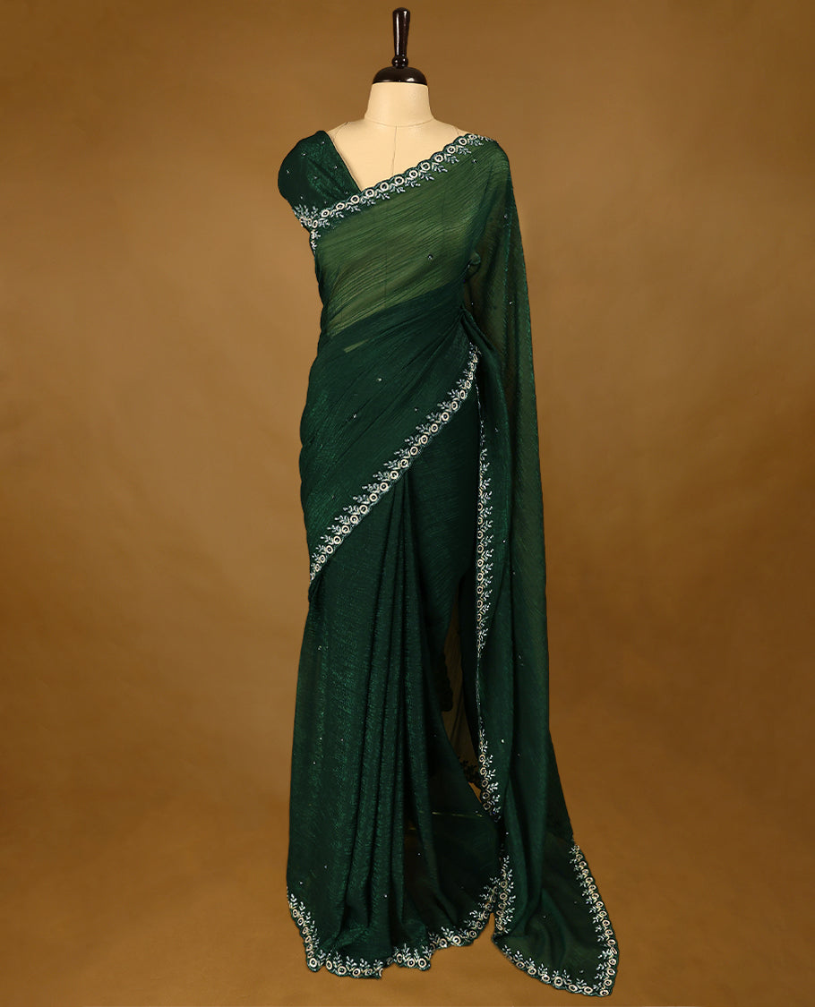 Bottle Green Colour Designer Saree having Stone and Sequence Worked Body with Worked Border and Blouse