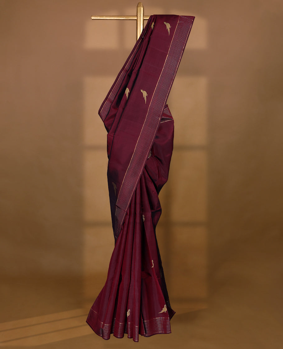 Maroon Colour Pure Kancheepuram Traditional Silk Saree having Parrot Work in Body with Border and Blouse