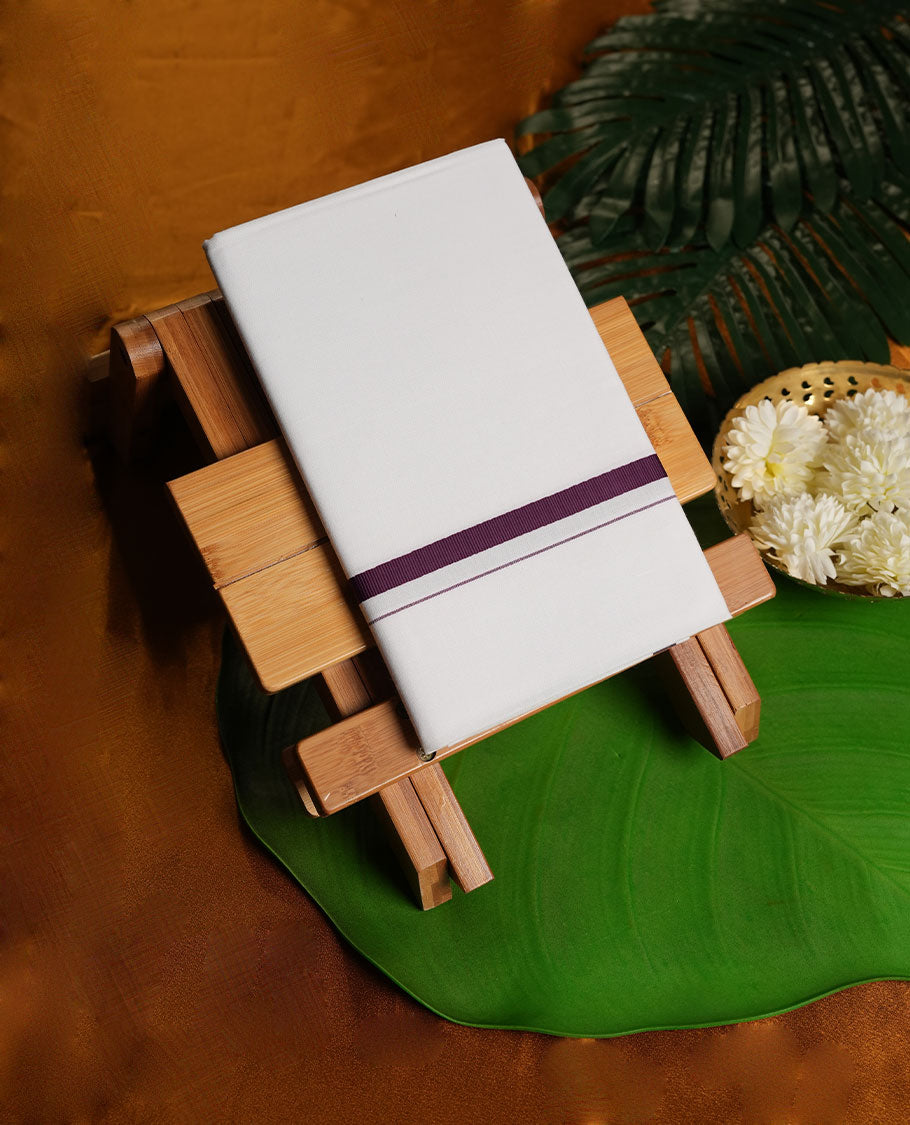 White Colour Pure Cotton single Dhoti with Purple Colour Border for Men