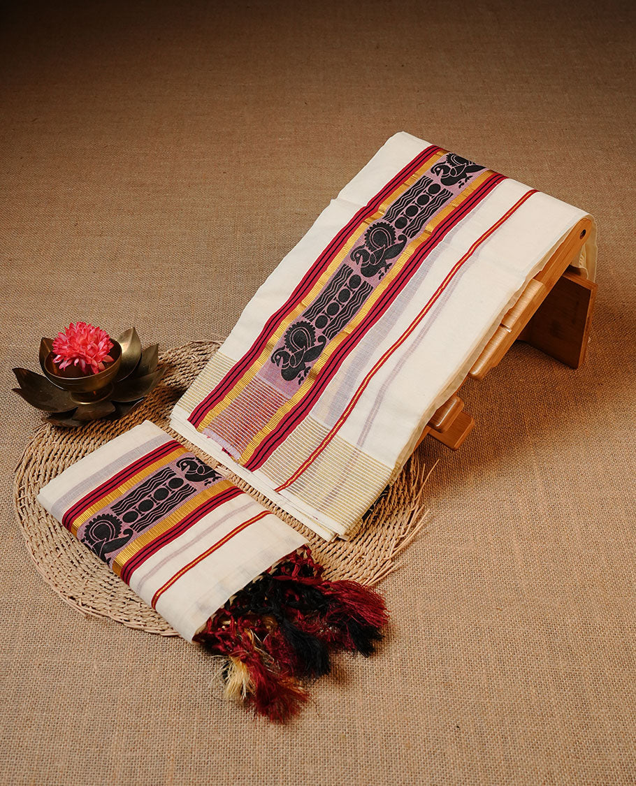 Off white colour Cotton Set Mund featuring a plain body, enhanced by a traditional black motif woven border with red and gold zari stripes.