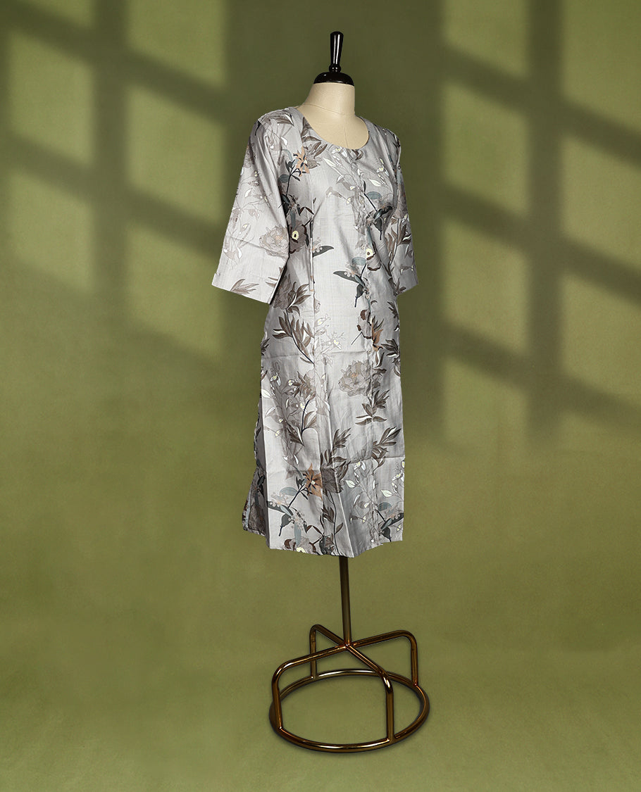 Elegant light grey straight cut kurti featuring soft floral digital prints in earthy tones, designed with a round neckline, subtle front buttons, and 3/4th sleeves, perfect for casual or workwear styling