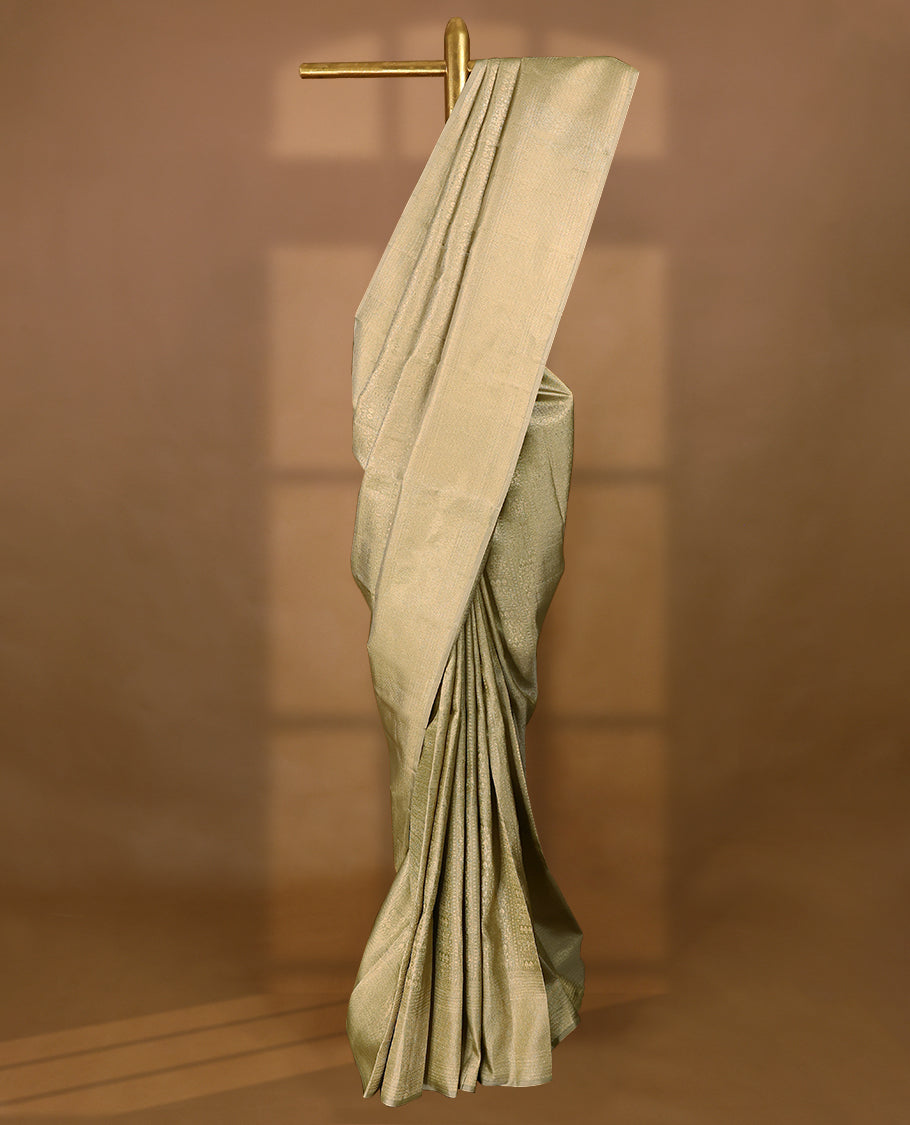 Pastel Elaichi Green Colour Kancheepuram Silk Saree having Zari Worked Body with Brocade Border and Self Coloured Blouse
