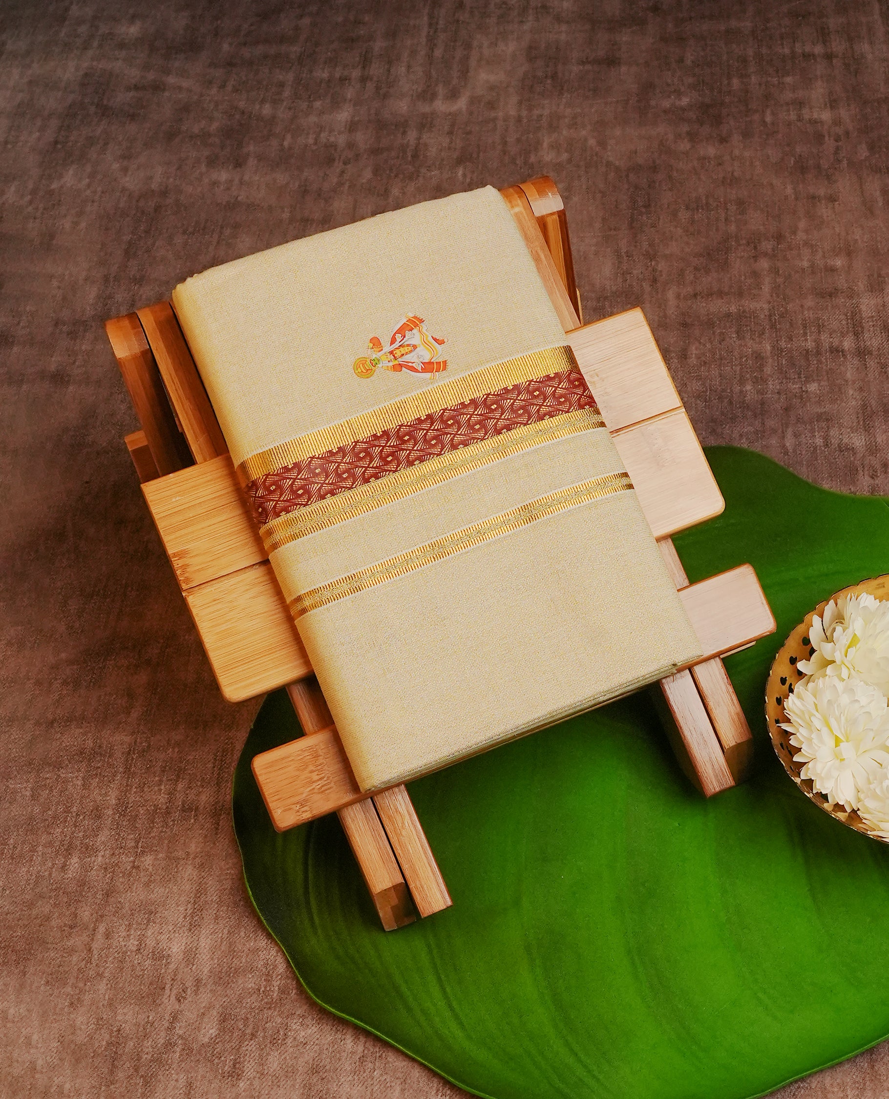 Cream Colour Tissue Double Dhoti Finished With A Classic Golden, Maroon printed Kara & Indian art forms Digital print.