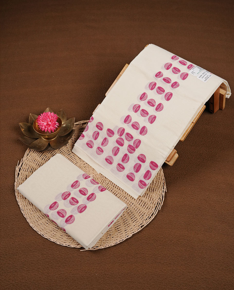 Off white colour cotton set mundu highlights gold and brown box zari border featuring purple colour block print across border (2.00/2.80 MTS)