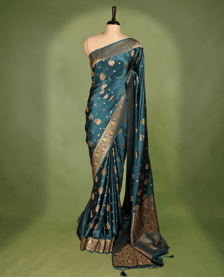Teal Blue Colour Semi Banarasi Saree having Golden Buttas in Body with Worked Border and Blouse