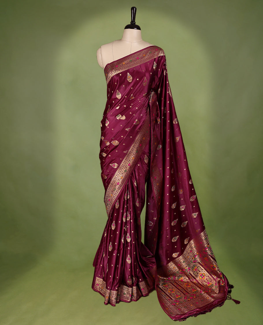 Royal Maroon Colour Semi Banarasi Saree having Golden Buttas in Body with Worked Border and Blouse