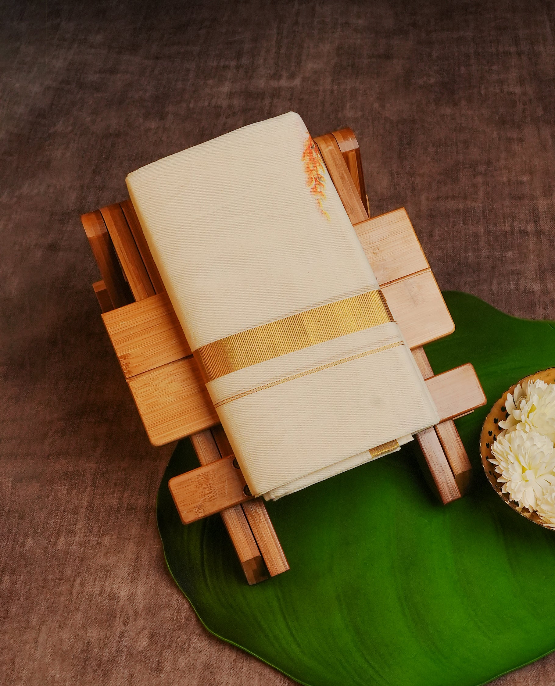 Cream Colour Cotton Double Dhoti Finished With A Classic Golden Zari Kara with Print