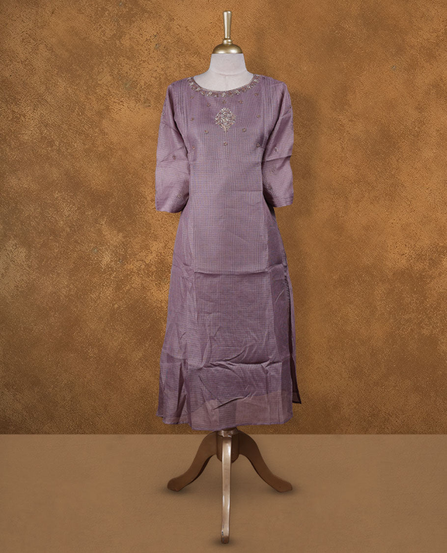 Dusty lavender colour kurti with gold colour thread & beats floral thread pattern, knee length design, styled with a Round neckline and a sleeve .