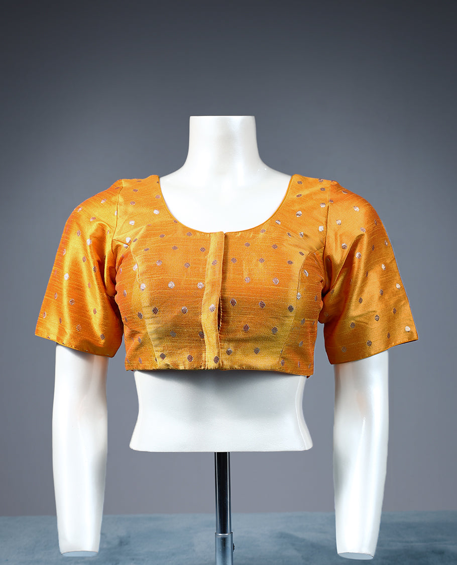 Orange Colour Golden Round Motifs, Round Neck Design, 2/4th Sleeves, Padded, Ready Made Blouse.