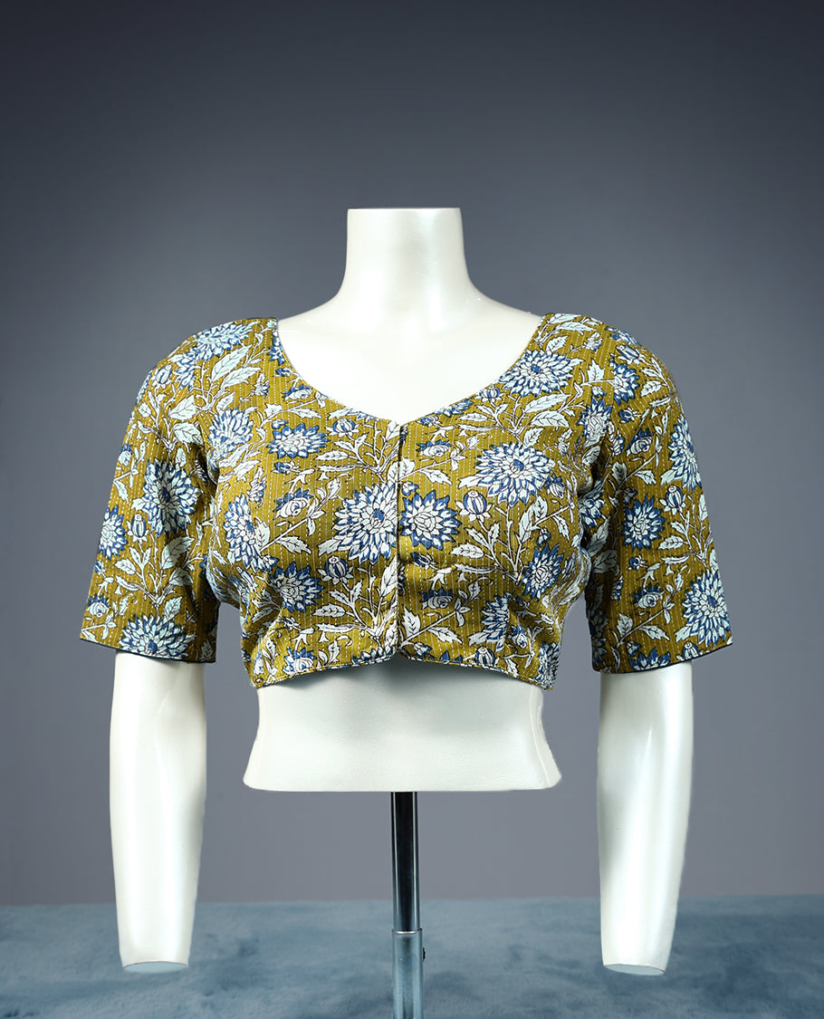 Mung Bean Colour Flower Print, Curved V Neck, 2/4th Sleeves, Padded, Ready Made Blouse.