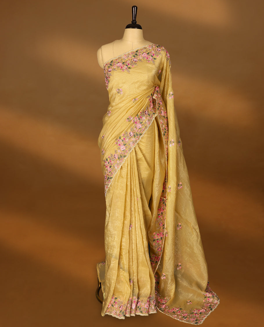 Mustard Gold Crush Soft Silk saree featuring Floral Thread Works on the body, complemented by delicate floral embroidery border and a matching blouse.