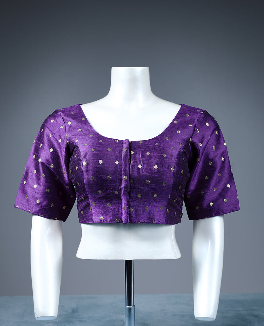 Purple Colour Golden Round Motifs, Round Neck, 2/4th Sleeves, Padded, Ready Made Blouse.