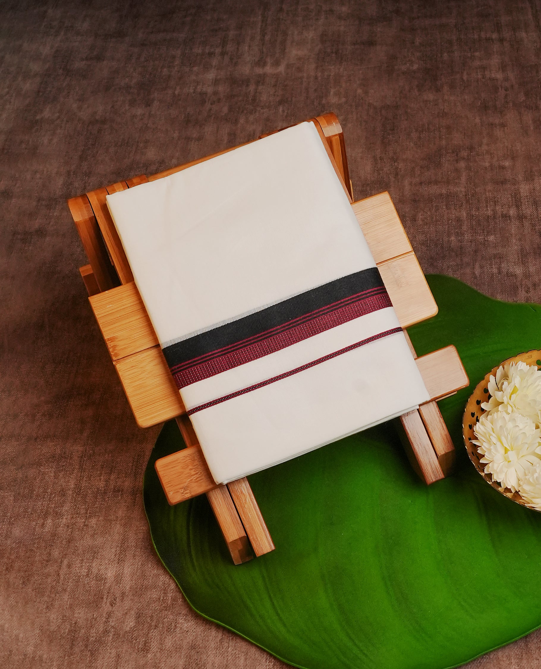 Off White Colour Cotton Double Dhoti Finished With A Classic Black & red Kara.