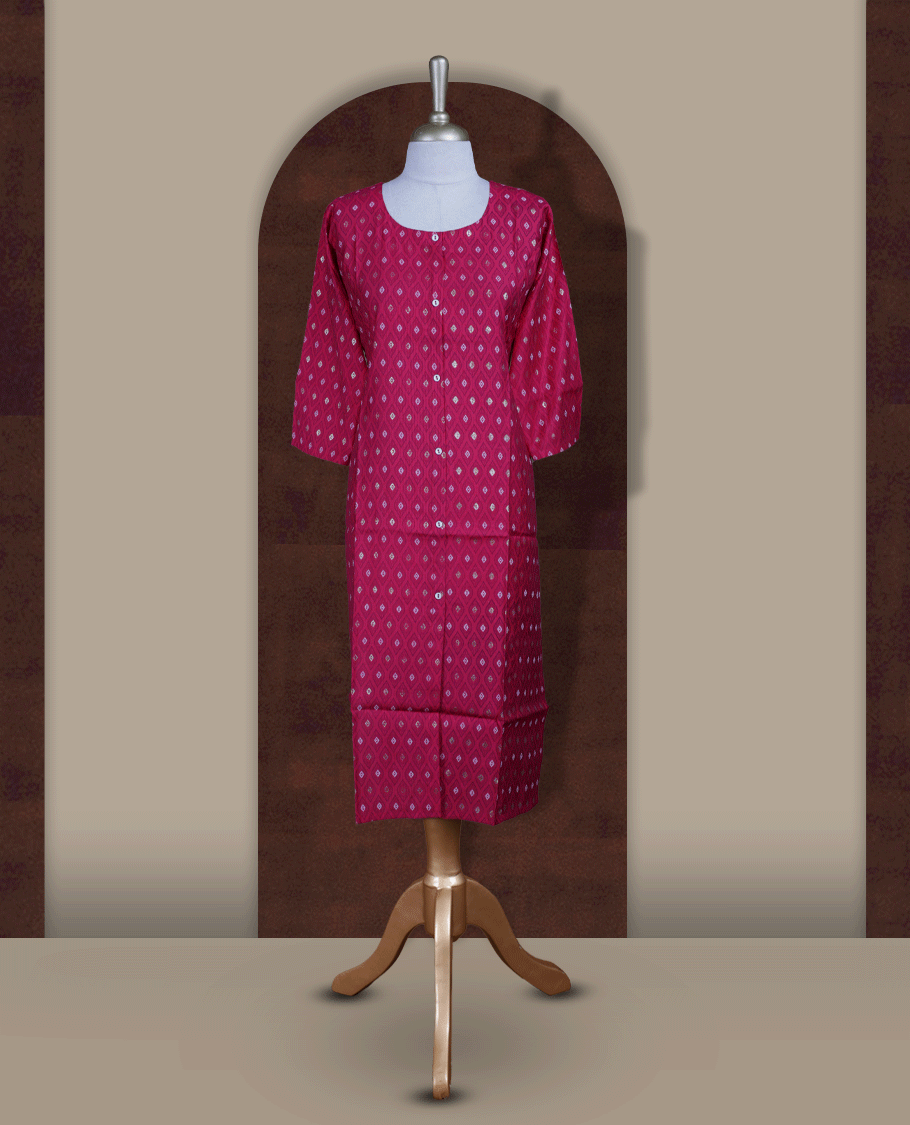 Rani pink colour kurti from TWARA, adorned with all over golden foil prints in geometric motifs, finished with a round neckline and elbow length sleeves for a graceful ethnic look.