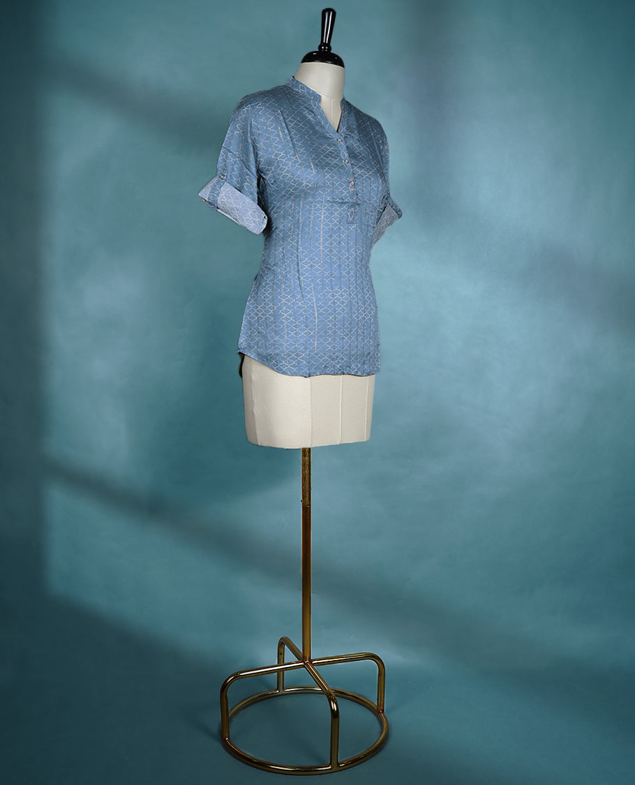 Dusty Blue Colour Printed Mandarin Collar Short Sleeve Top for Women.