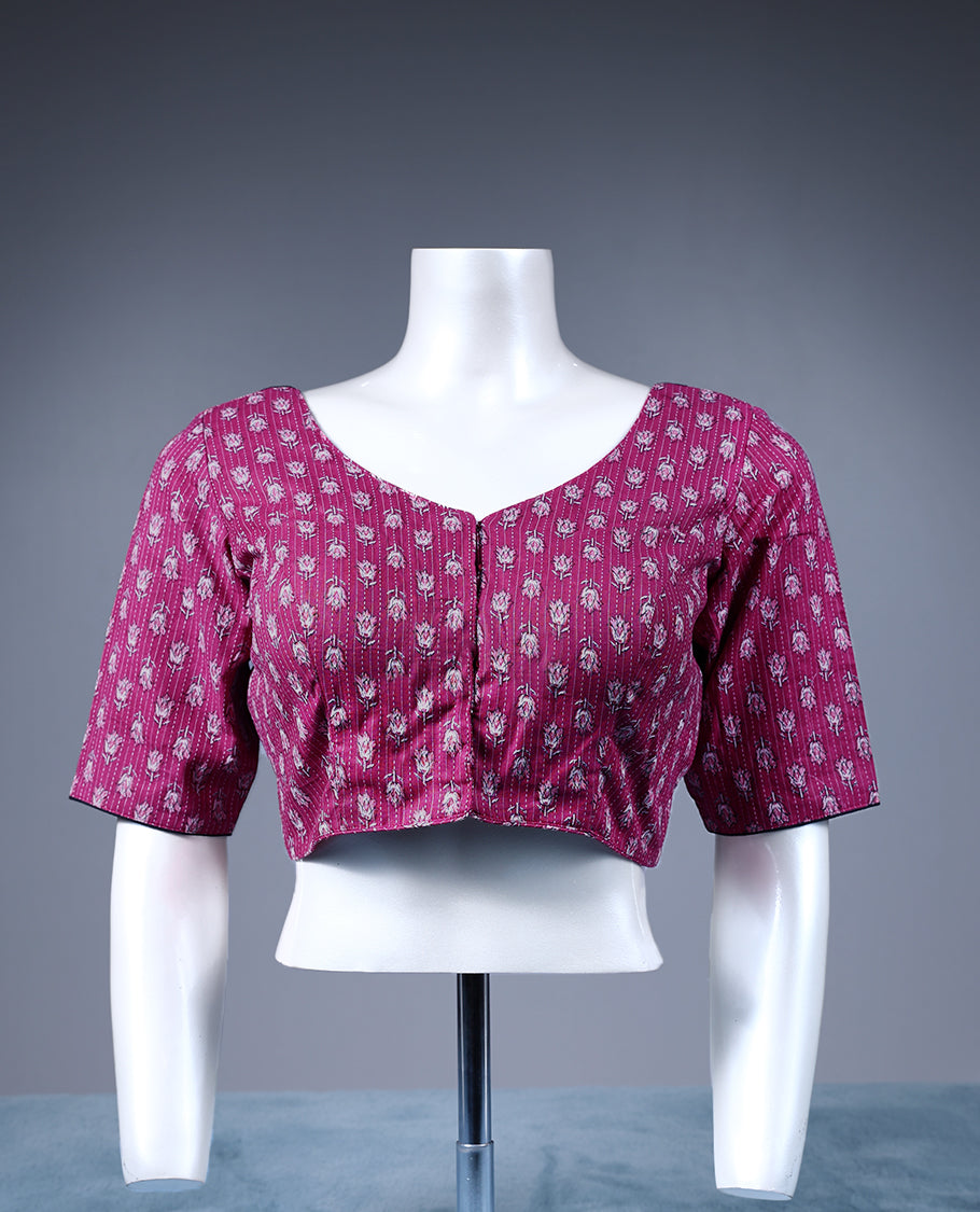 Light Grape Colour Flower Print, Curved V Neck, 2/4th Sleeves, Padded, Ready Made Blouse.