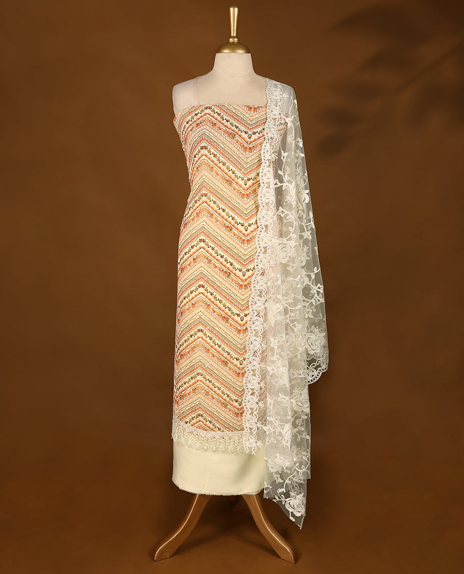Cream Colour, Thread Worked Top having Orange Colour Prints with Bottom and Thread Worked Dupatta