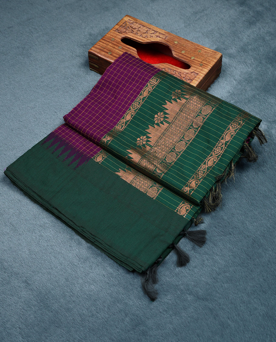 Grape Colour Mixed Kalyani Cotton Saree having Contrast Checked Body with Green Colour Border and Blouse
