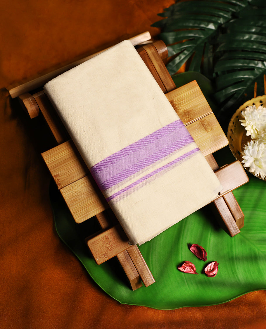Off white colour cotton double dhoti enhanced with a subtle lavender border for a graceful touch, ideal for cultural celebrations, weddings, and festive occasions.