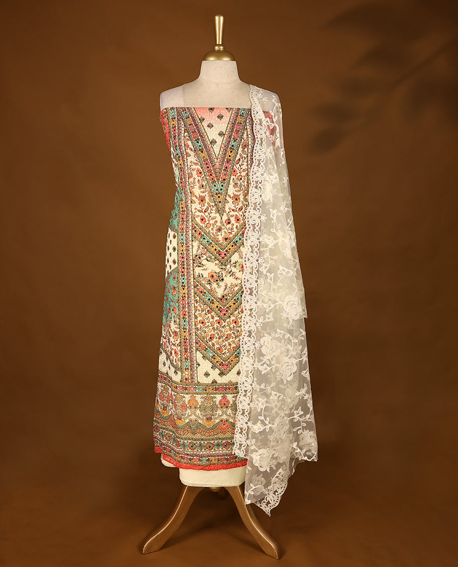 Cream Colour, Fully Mirror Worked Top having Multi Colour Prints with Bottom and Thread Worked Dupatta